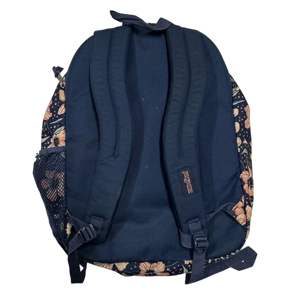 Jansport Navy & Pink Hibiscus Backpack Cross Town Student Bag Multiple Pockets